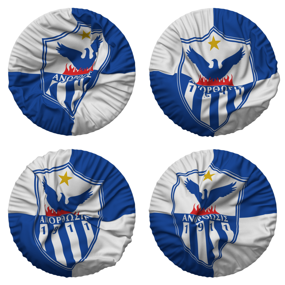 Anorthosis Famagusta Football Club Flag in Round Shape Isolated with Four Different Waving Style, Bump Texture, 3D Rendering png