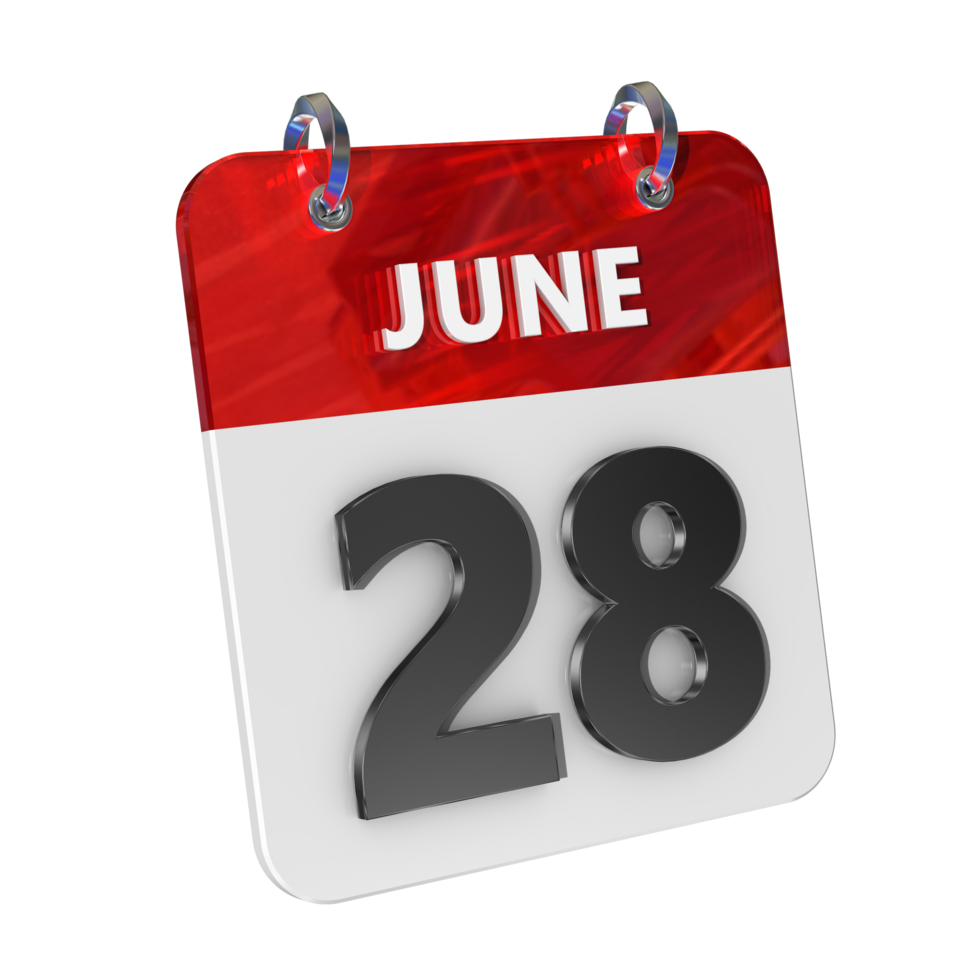juni 28 datum 3d icoon geïsoleerd, glimmend en glanzend 3d weergave, maand datum dag naam, schema, geschiedenis png