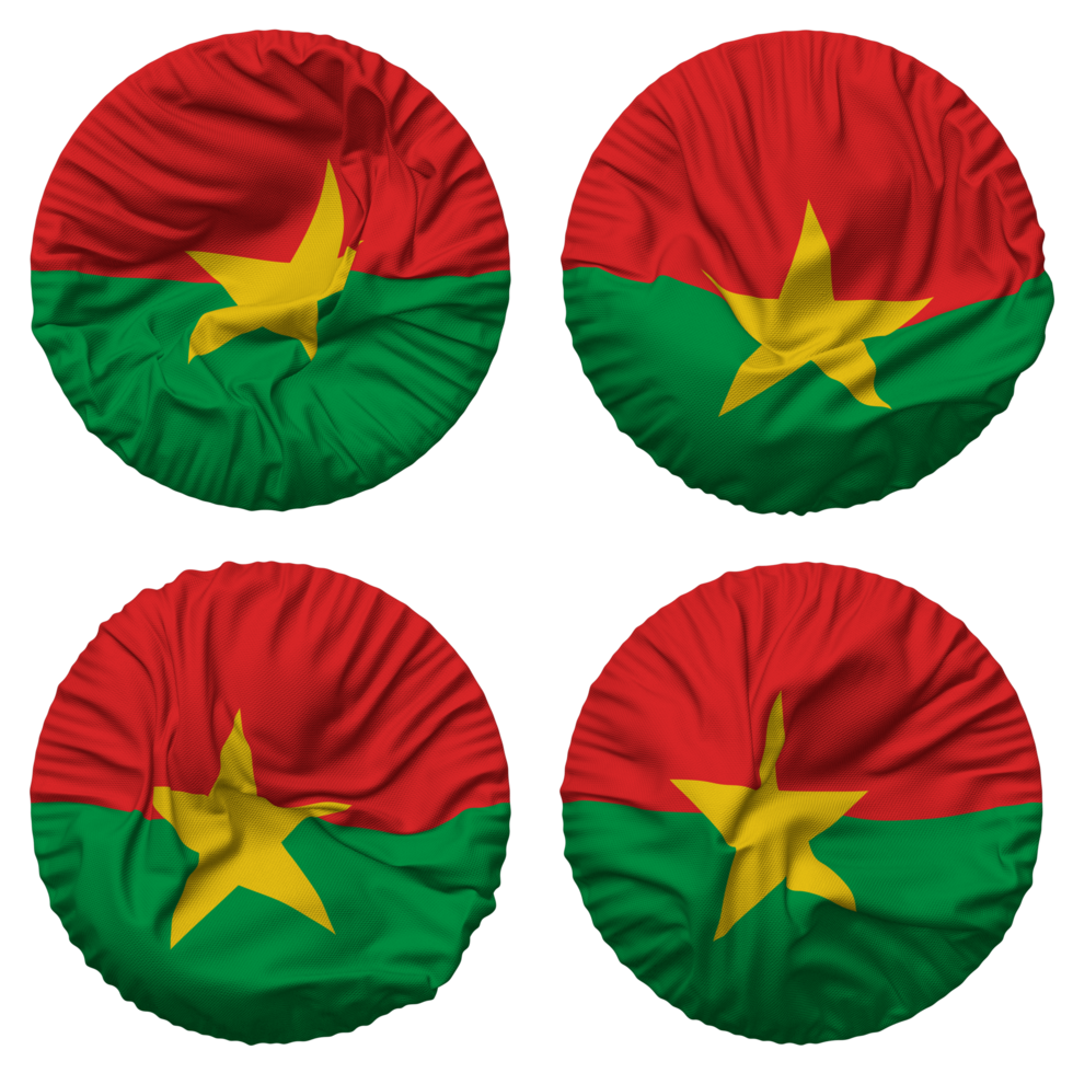 Burkina Faso Flag in Round Shape Isolated with Four Different Waving Style, Bump Texture, 3D Rendering png