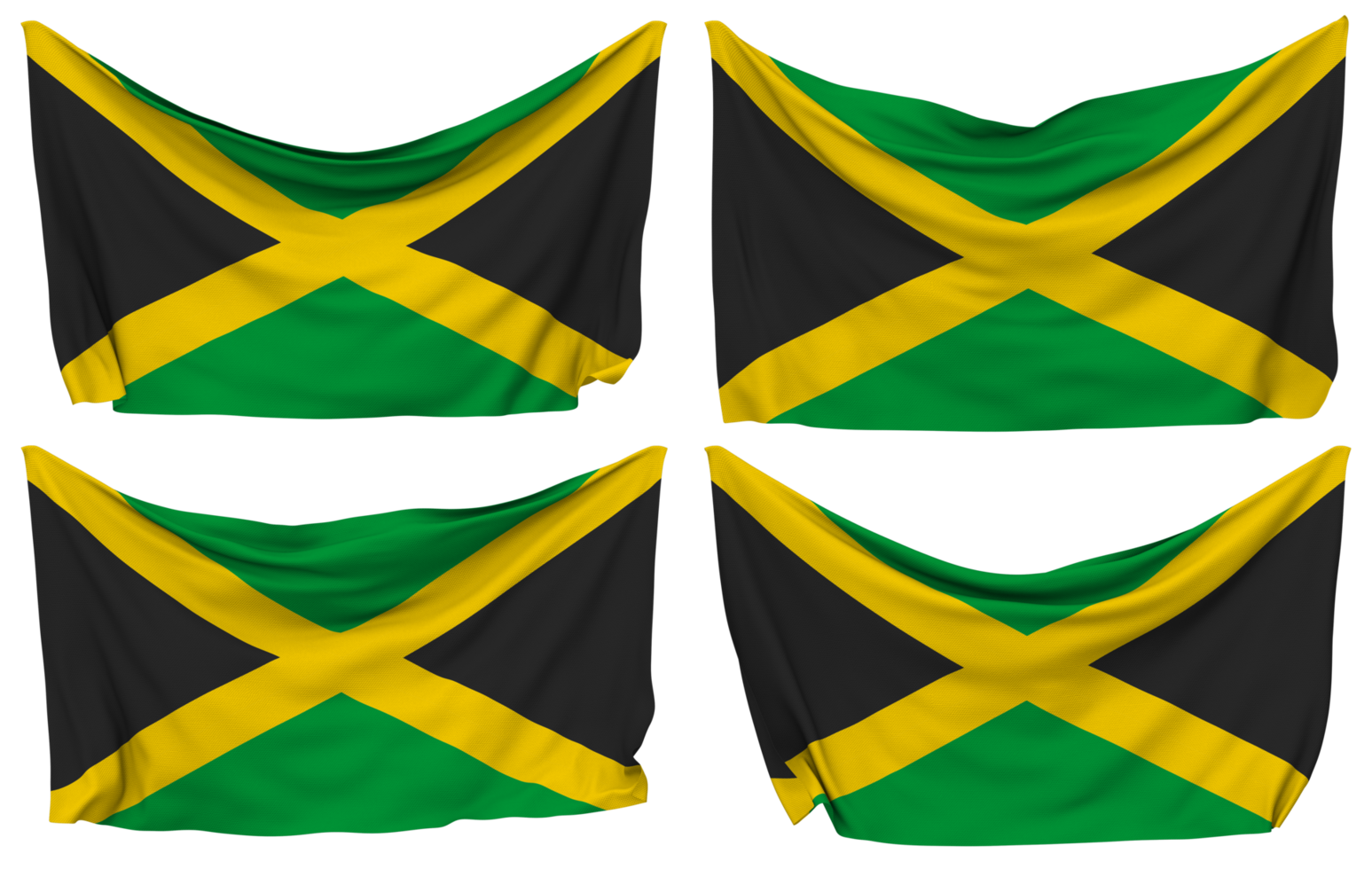 Jamaica Pinned Flag from Corners, Isolated with Different Waving Variations, 3D Rendering png