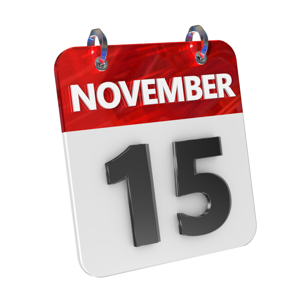 novembre 15 Date 3d icône isolé, brillant et brillant 3d le rendu, mois Date journée nom, calendrier, histoire png