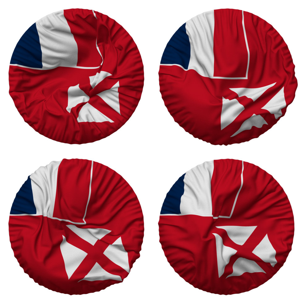 Wallis e futuna bandeira dentro volta forma isolado com quatro diferente acenando estilo, colisão textura, 3d Renderização png