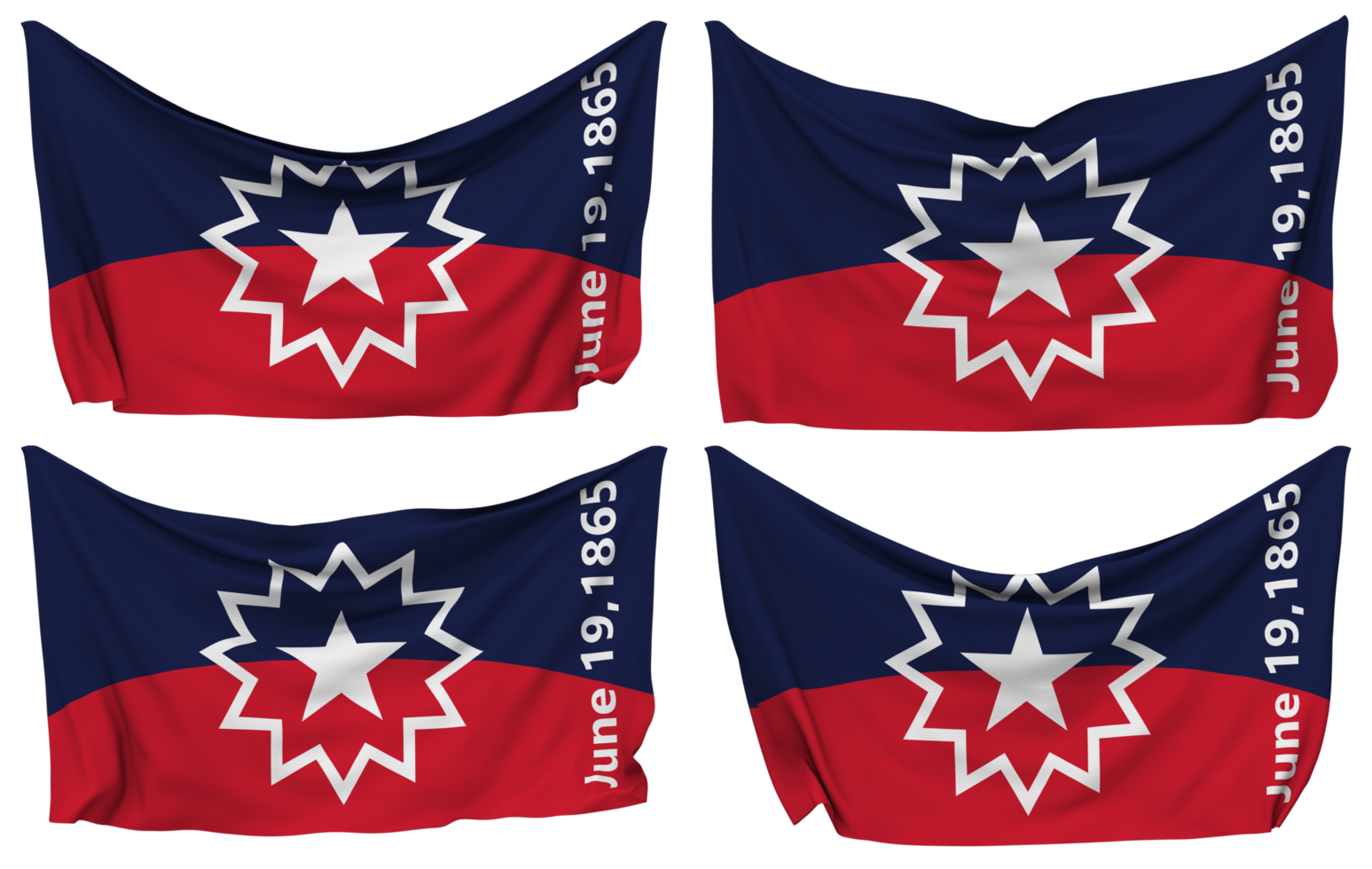 Juneteenth Pinned Flag from Corners, Isolated with Different Waving Variations, 3D Rendering png