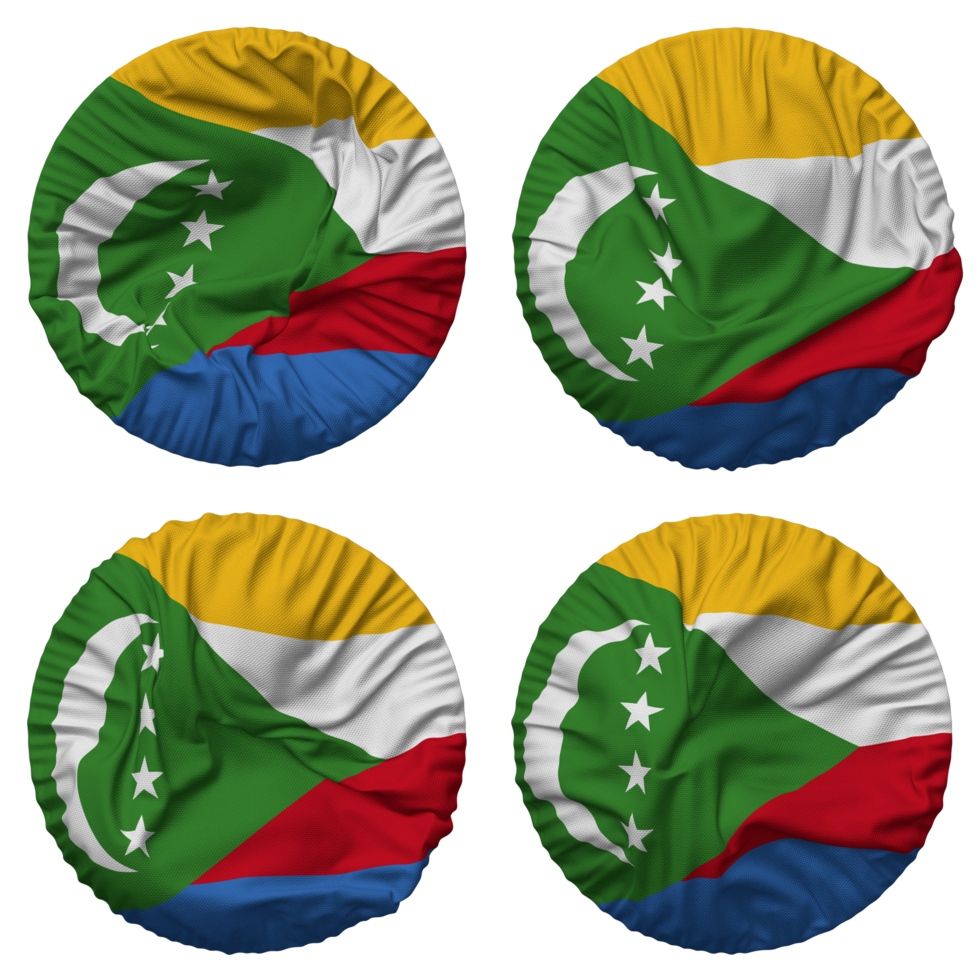 Comores bandeira dentro volta forma isolado com quatro diferente acenando estilo, colisão textura, 3d Renderização png