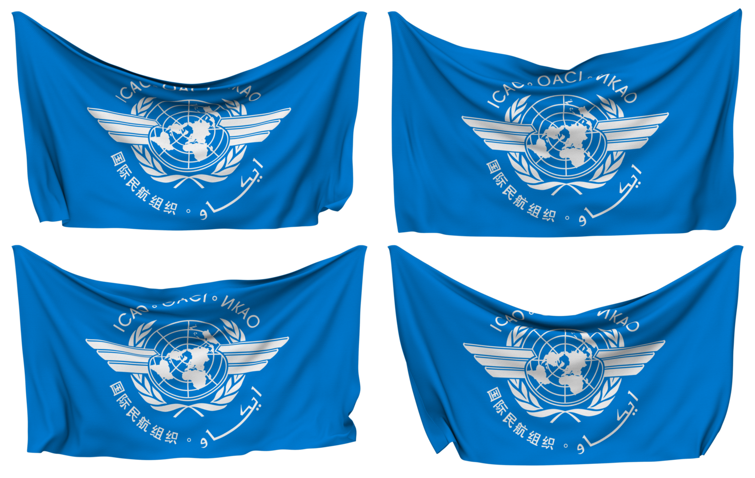 International Civil Aviation Organization, ICAO Pinned Flag from Corners, Isolated with Different Waving Variations, 3D Rendering png