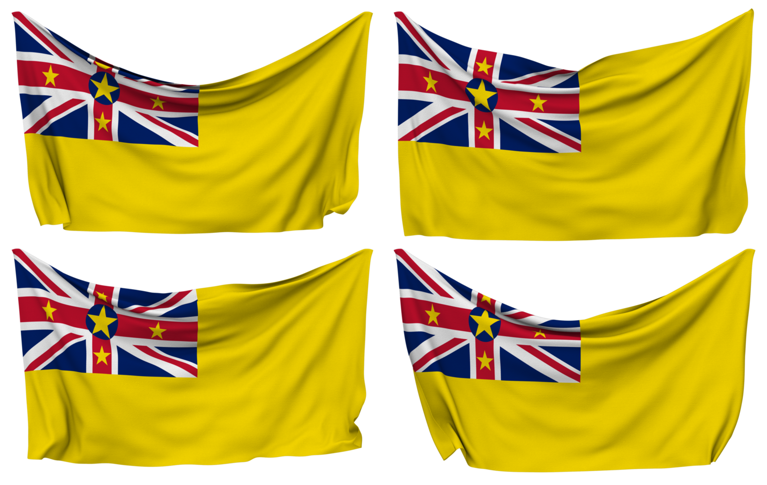 Niue Islands Pinned Flag from Corners, Isolated with Different Waving Variations, 3D Rendering png