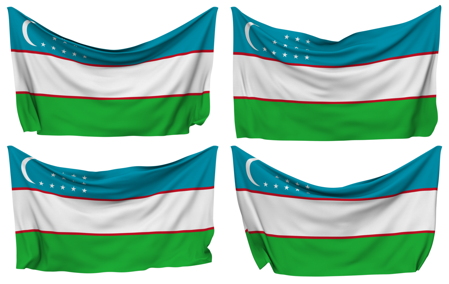 Uzbekistan Pinned Flag from Corners, Isolated with Different Waving Variations, 3D Rendering png