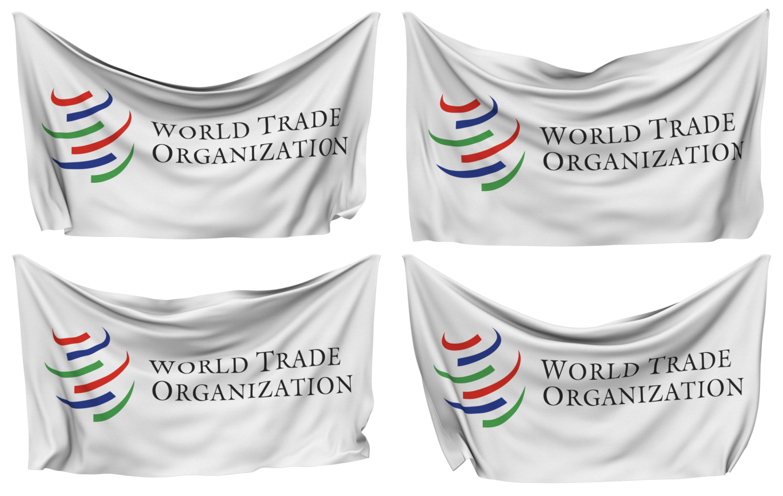 wereld handel organisatie, wto vastgemaakt vlag van hoeken, geïsoleerd met verschillend golvend variaties, 3d renderen png