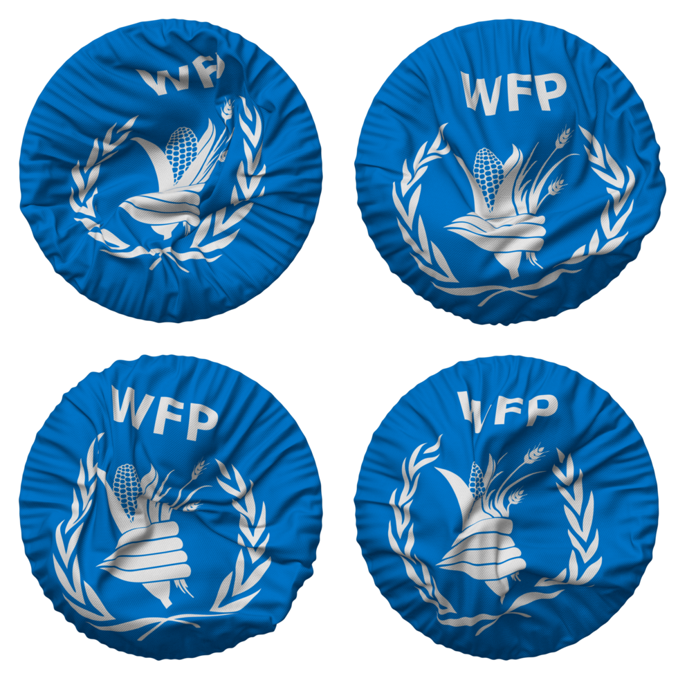 Welt Essen Programm, wfp Flagge im runden gestalten isoliert mit vier anders winken Stil, stoßen Textur, 3d Rendern png