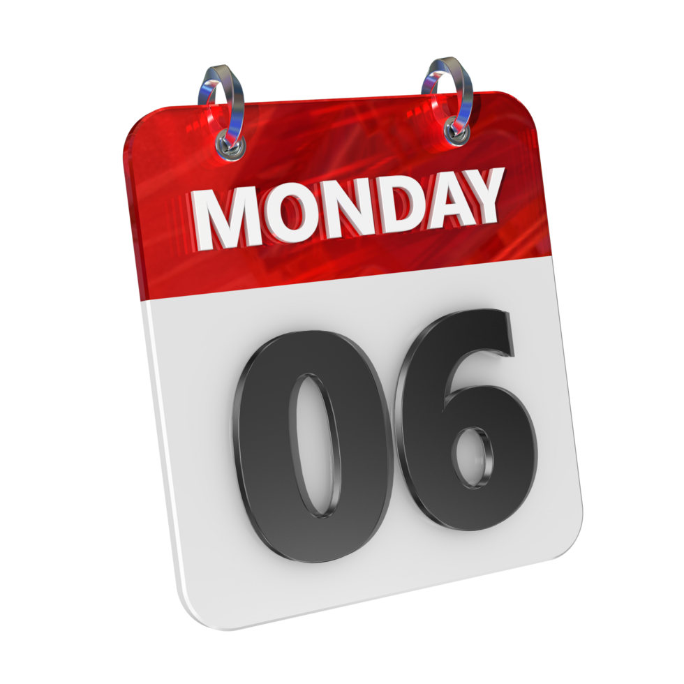 Monday 6 Date 3D Icon Isolated, Shiny and Glossy 3D Rendering, Month Date Day Name, Schedule, History png