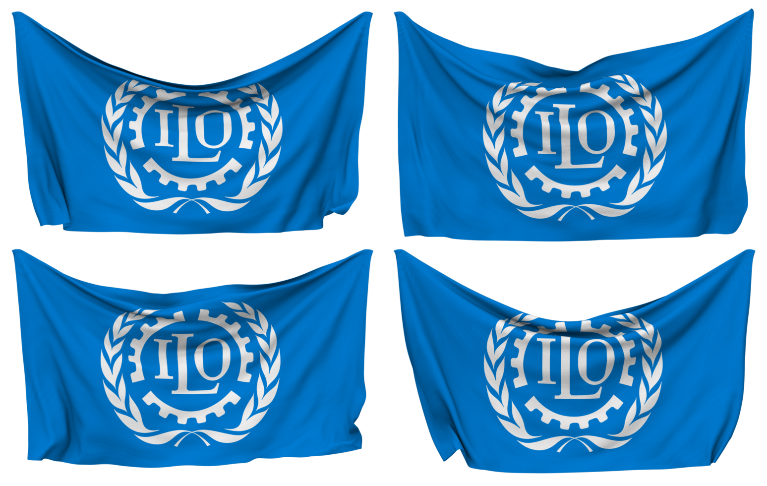 International Labour Organization, ILO Pinned Flag from Corners, Isolated with Different Waving Variations, 3D Rendering png