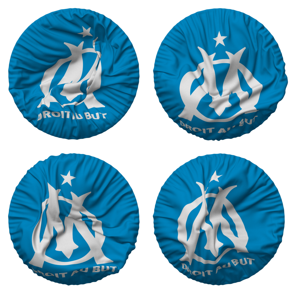 Olympique de Marseille Flag in Round Shape Isolated with Four Different Waving Style, Bump Texture, 3D Rendering png