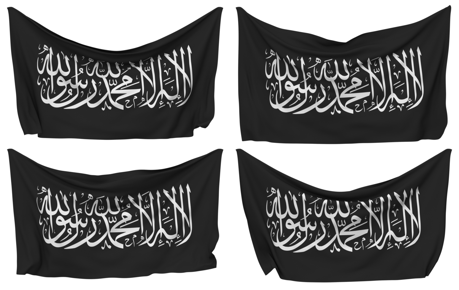 Shahadah Islamic Pinned Flag from Corners, Isolated with Different Waving Variations, 3D Rendering png