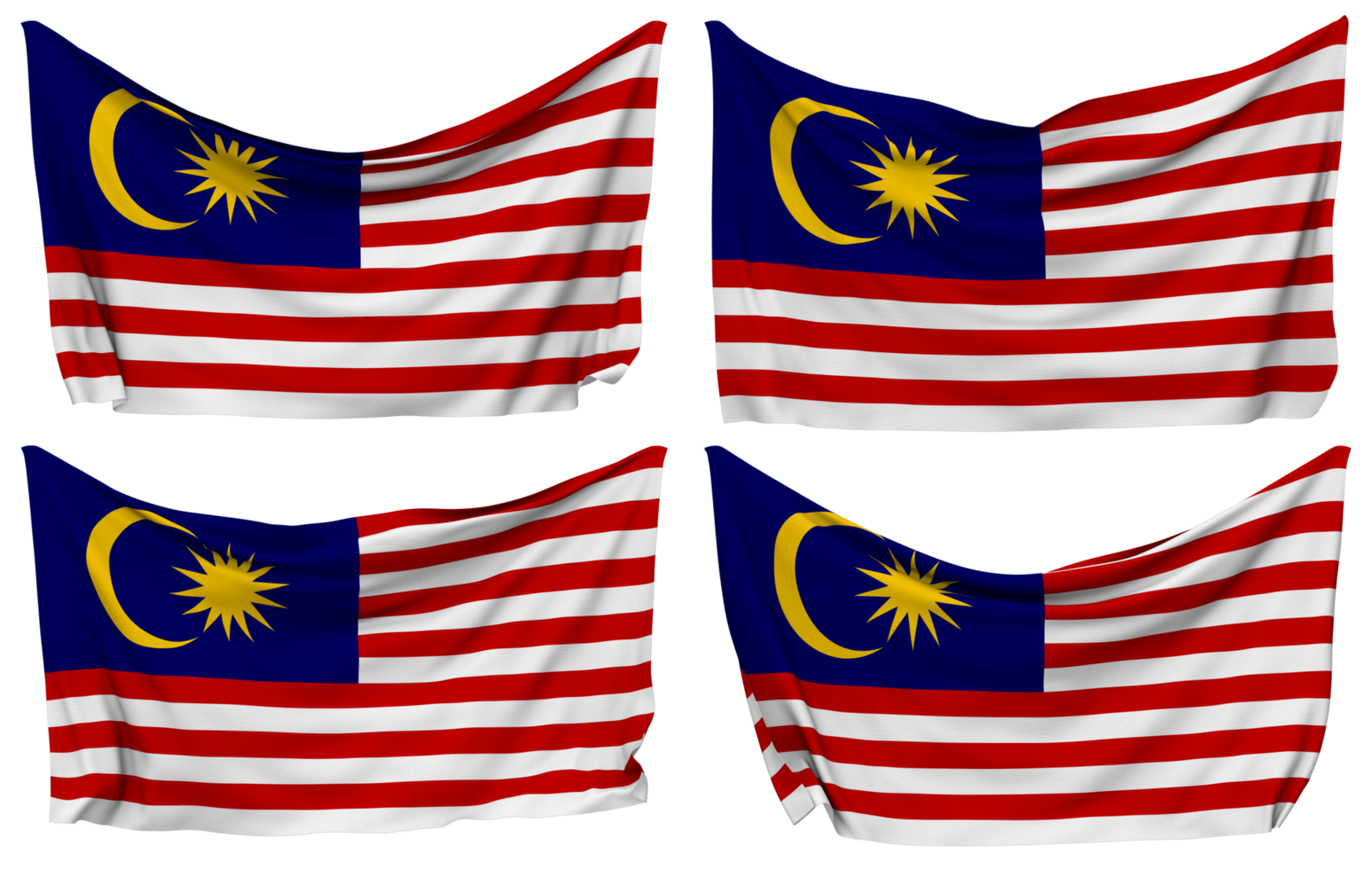 Malaysia festgesteckt Flagge von Ecken, isoliert mit anders winken Variationen, 3d Rendern png