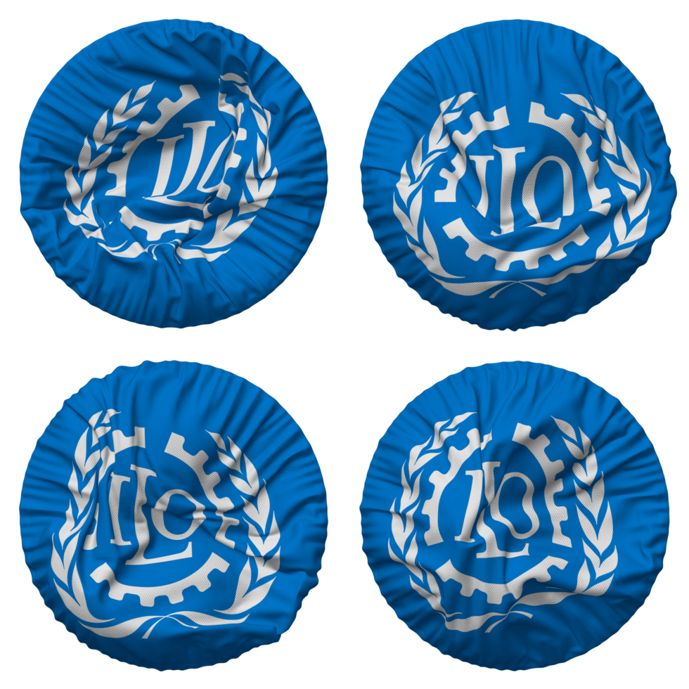 International Labour Organization, ILO Flag in Round Shape Isolated with Four Different Waving Style, Bump Texture, 3D Rendering png