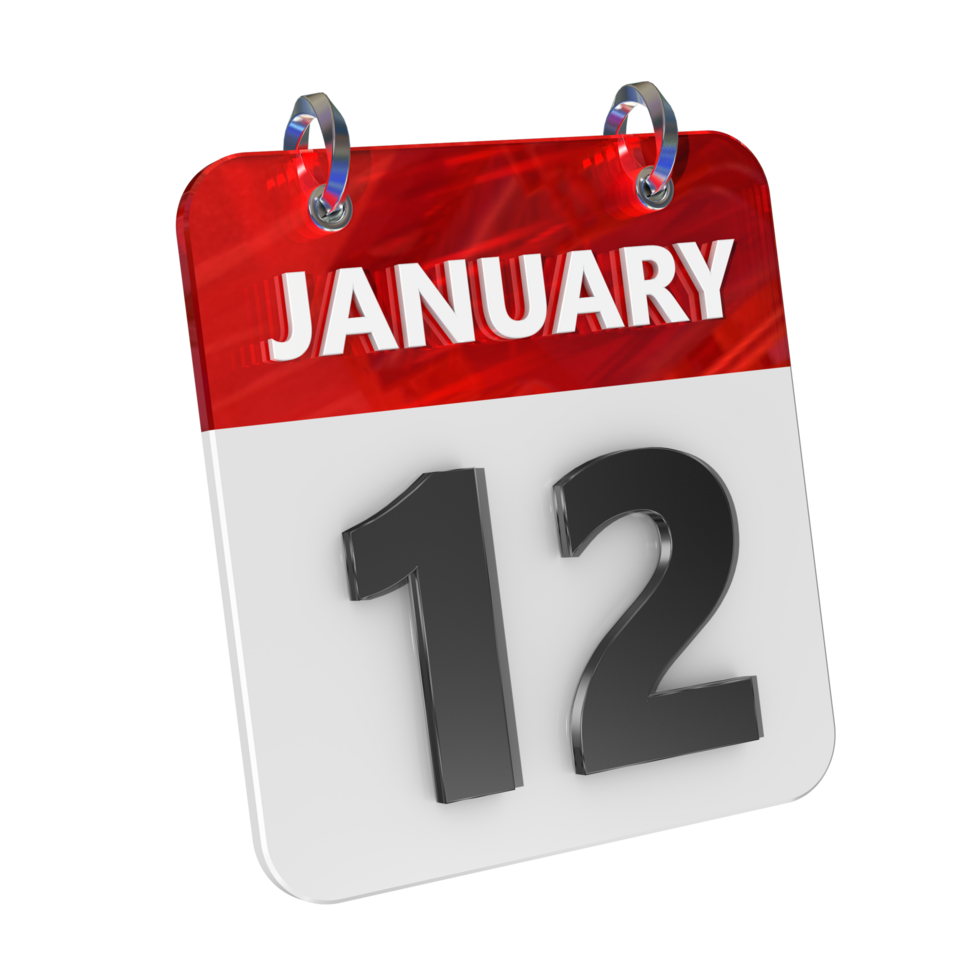 January 12 Date 3D Icon Isolated, Shiny and Glossy 3D Rendering, Month Date Day Name, Schedule, History png