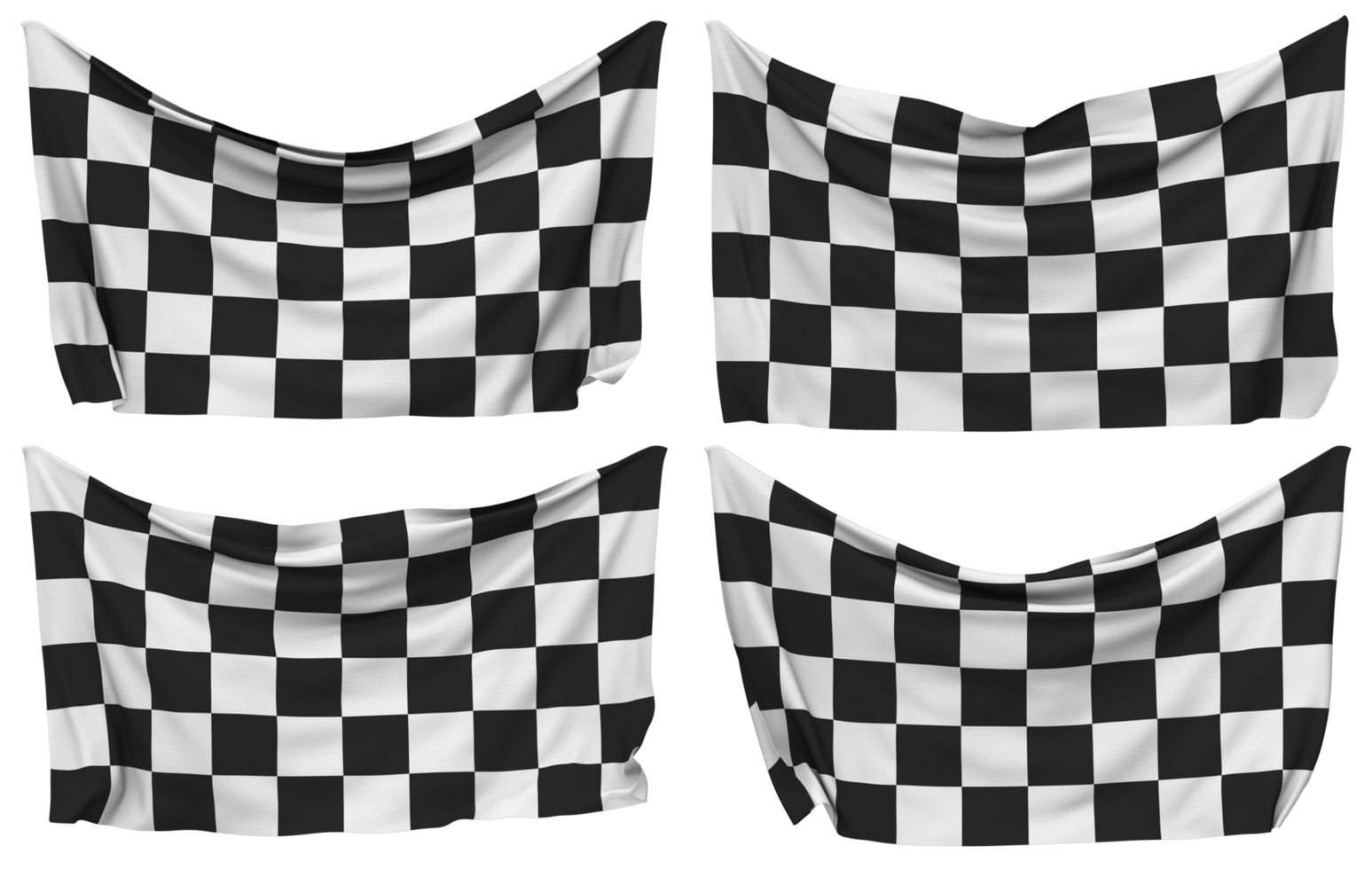 Racing Black and White Checkered Pinned Flag from Corners, Isolated with Different Waving Variations, 3D Rendering png