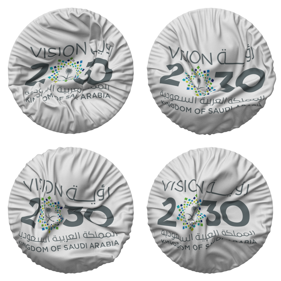 Saudi Vision 2030 Flag in Round Shape Isolated with Four Different Waving Style, Bump Texture, 3D Rendering png