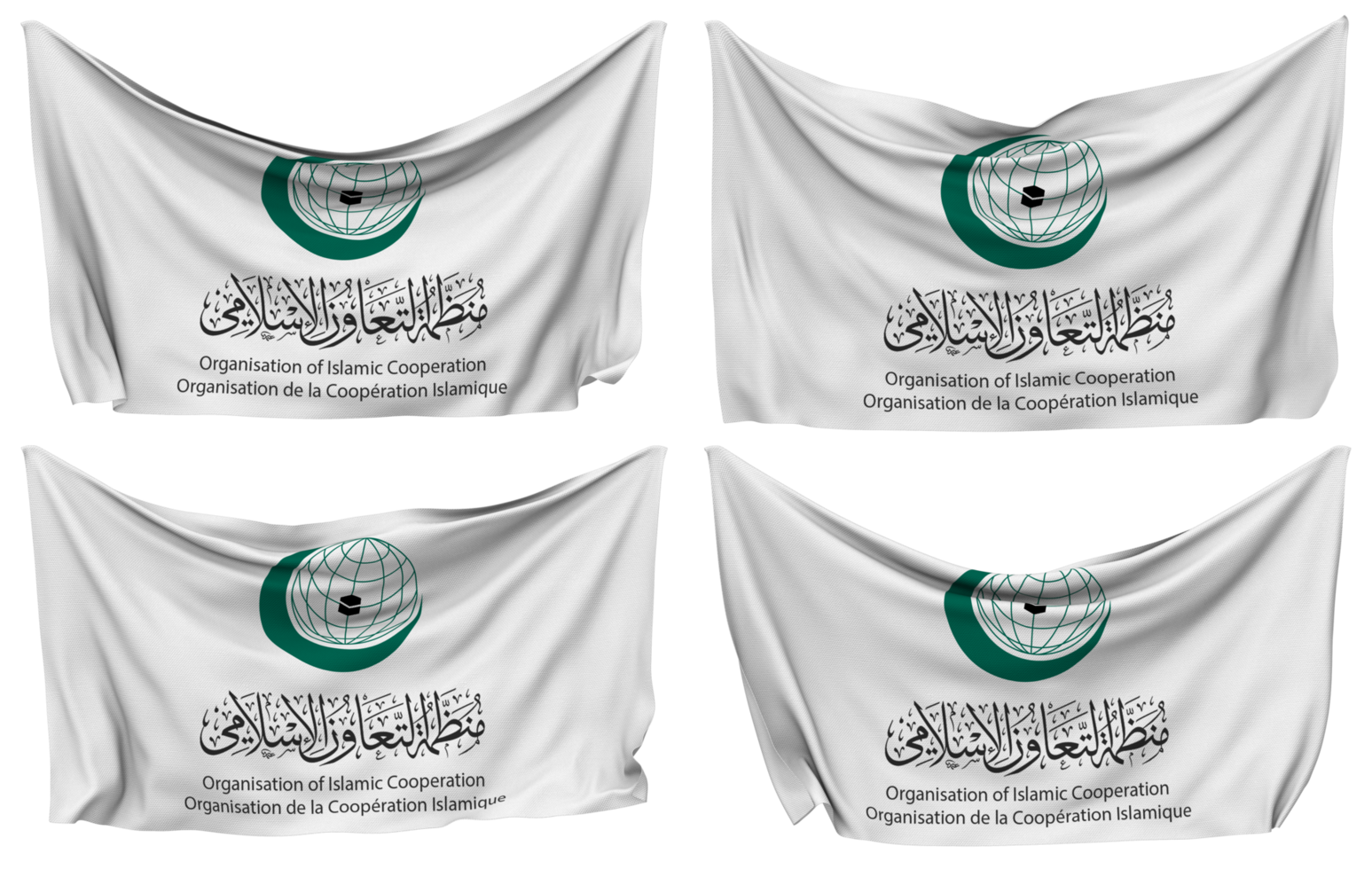 organisation de islamique coopération, oic épinglé drapeau de coins, isolé avec différent agitant variantes, 3d le rendu png