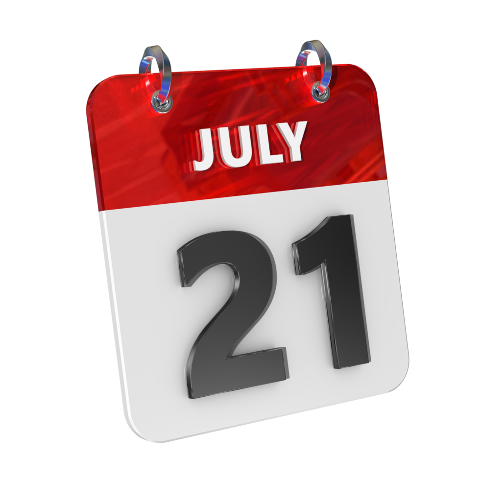 juillet 21 Date 3d icône isolé, brillant et brillant 3d le rendu, mois Date journée nom, calendrier, histoire png
