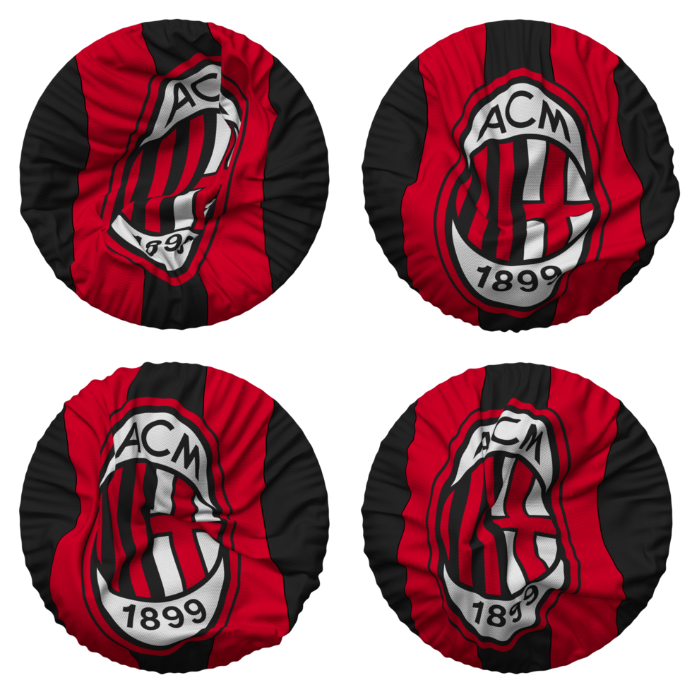 associazione calcio milano, ac milan fotboll klubb flagga i runda form isolerat med fyra annorlunda vinka stil, stöta textur, 3d tolkning png