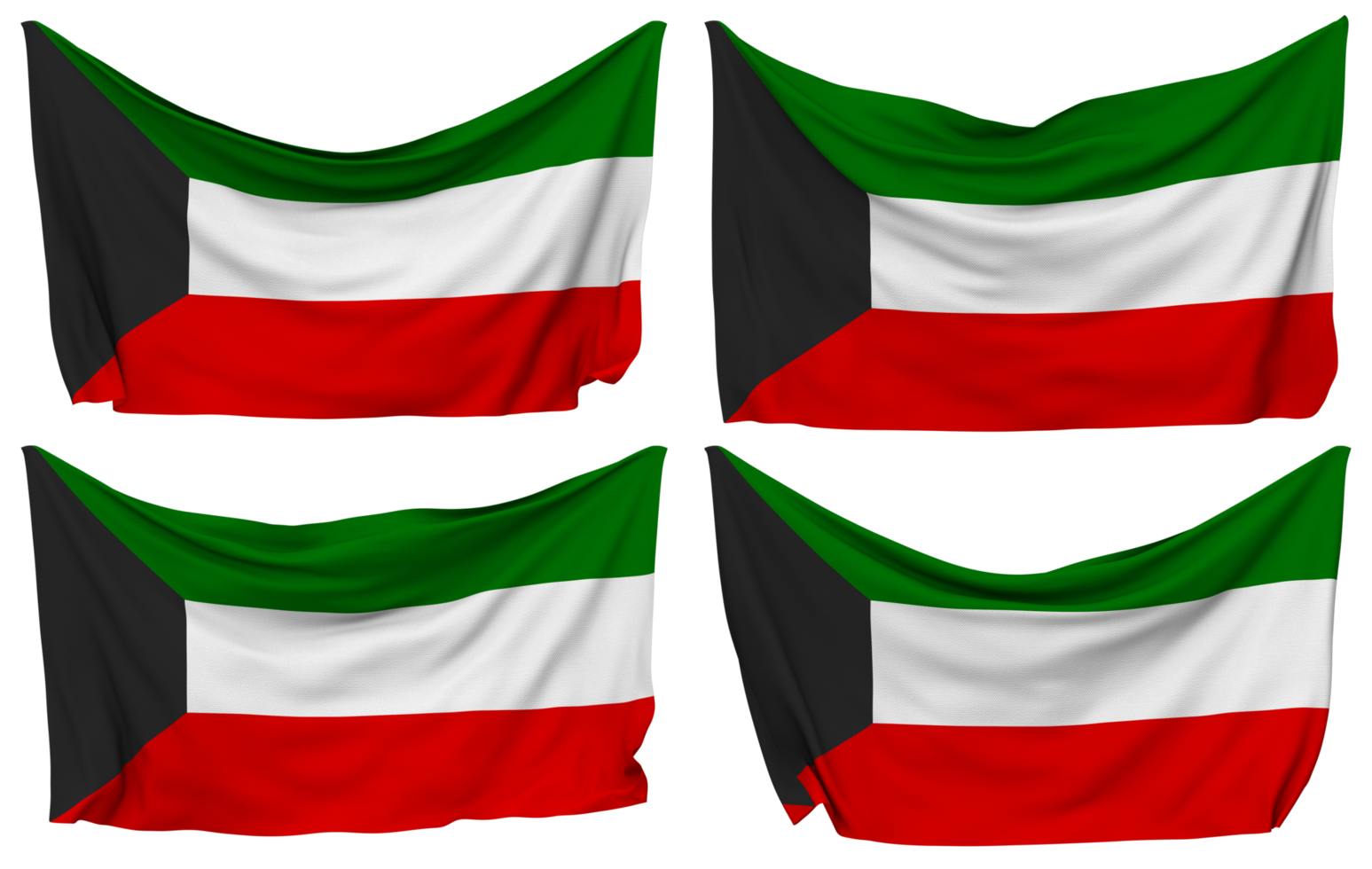 Kuwait Pinned Flag from Corners, Isolated with Different Waving Variations, 3D Rendering png