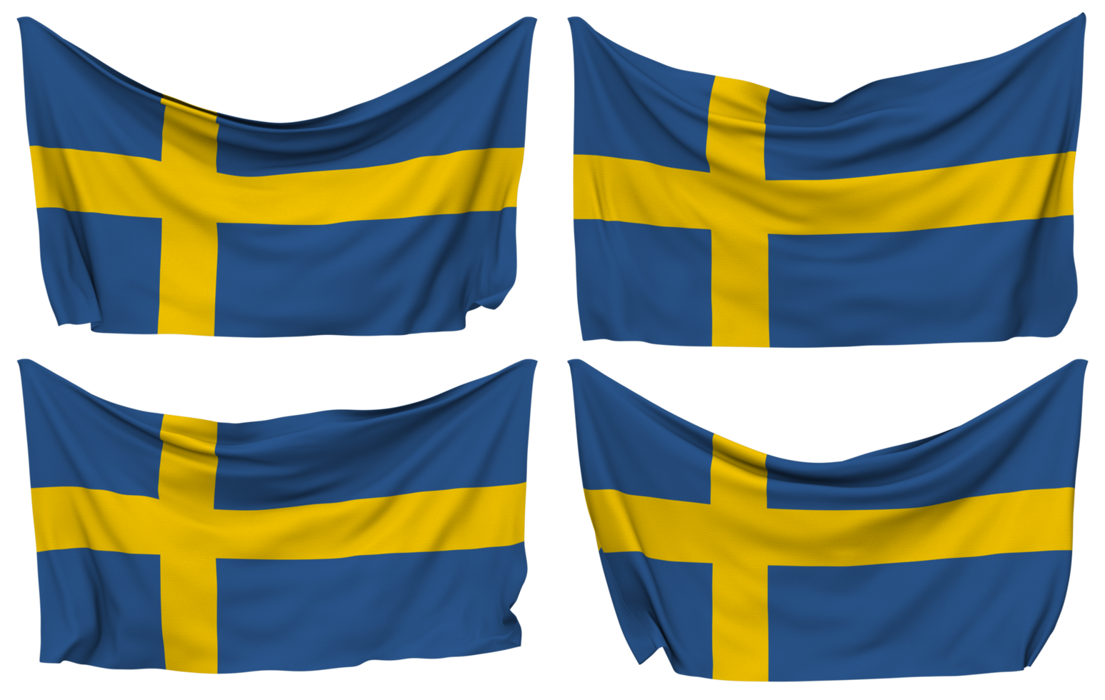 Schweden festgesteckt Flagge von Ecken, isoliert mit anders winken Variationen, 3d Rendern png