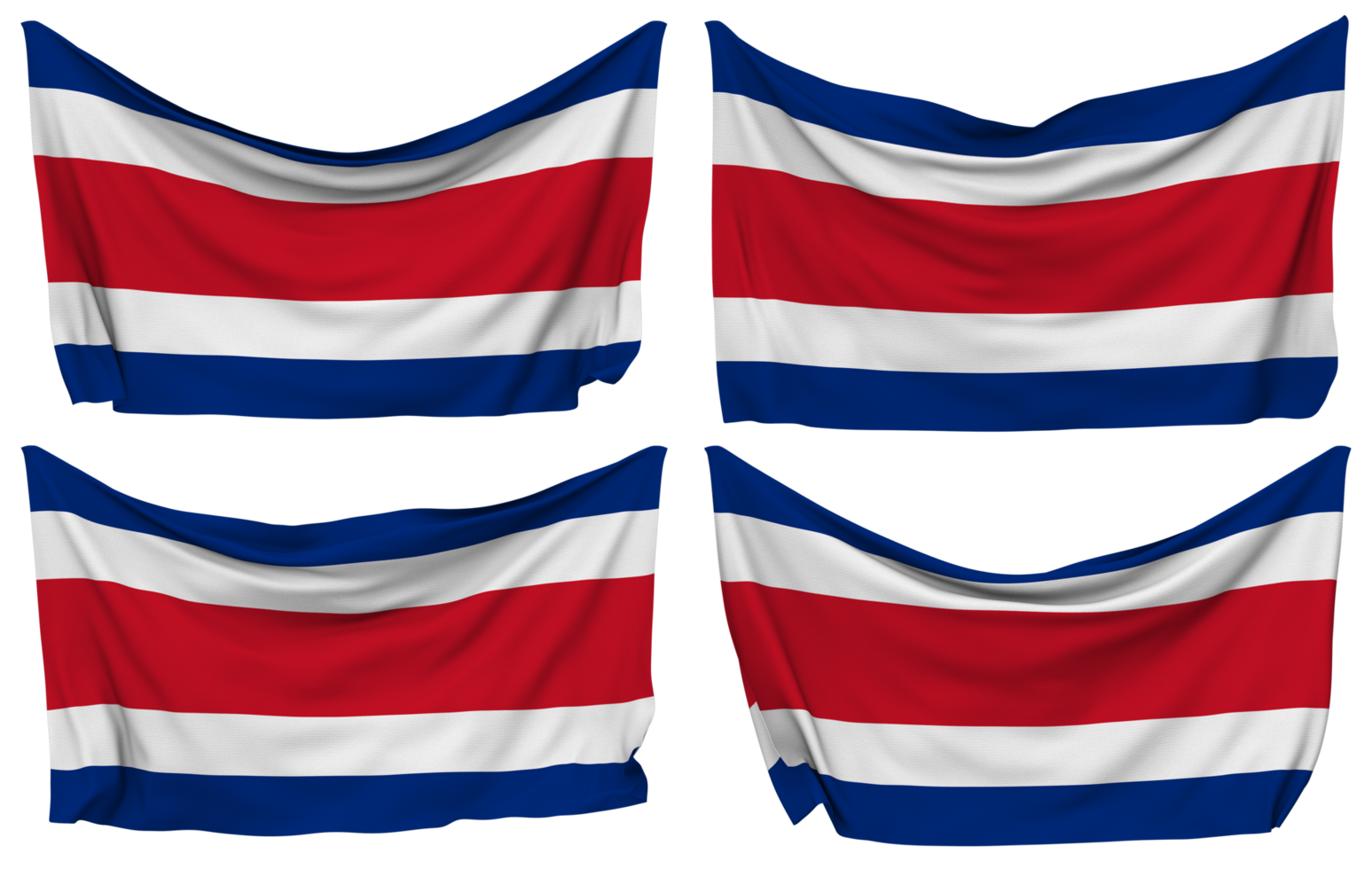 Costa Rica Pinned Flag from Corners, Isolated with Different Waving Variations, 3D Rendering png