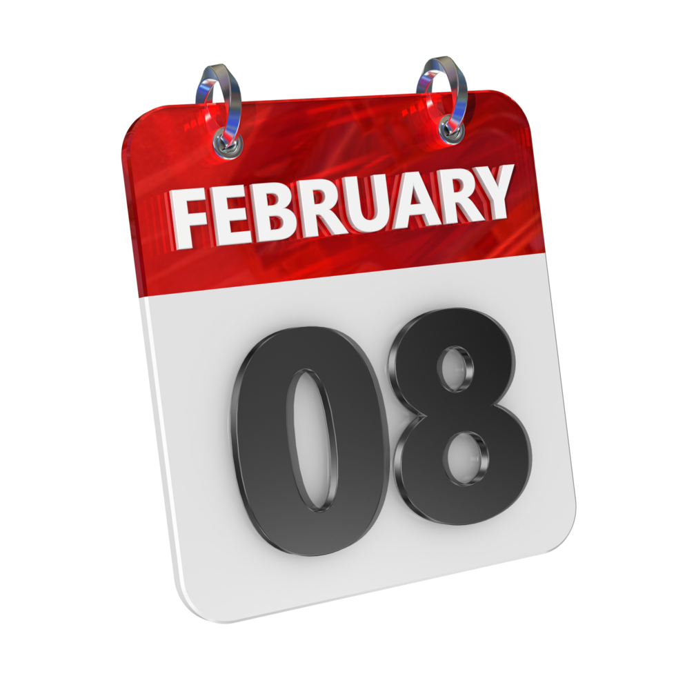 februari 8 datum 3d icoon geïsoleerd, glimmend en glanzend 3d weergave, maand datum dag naam, schema, geschiedenis png