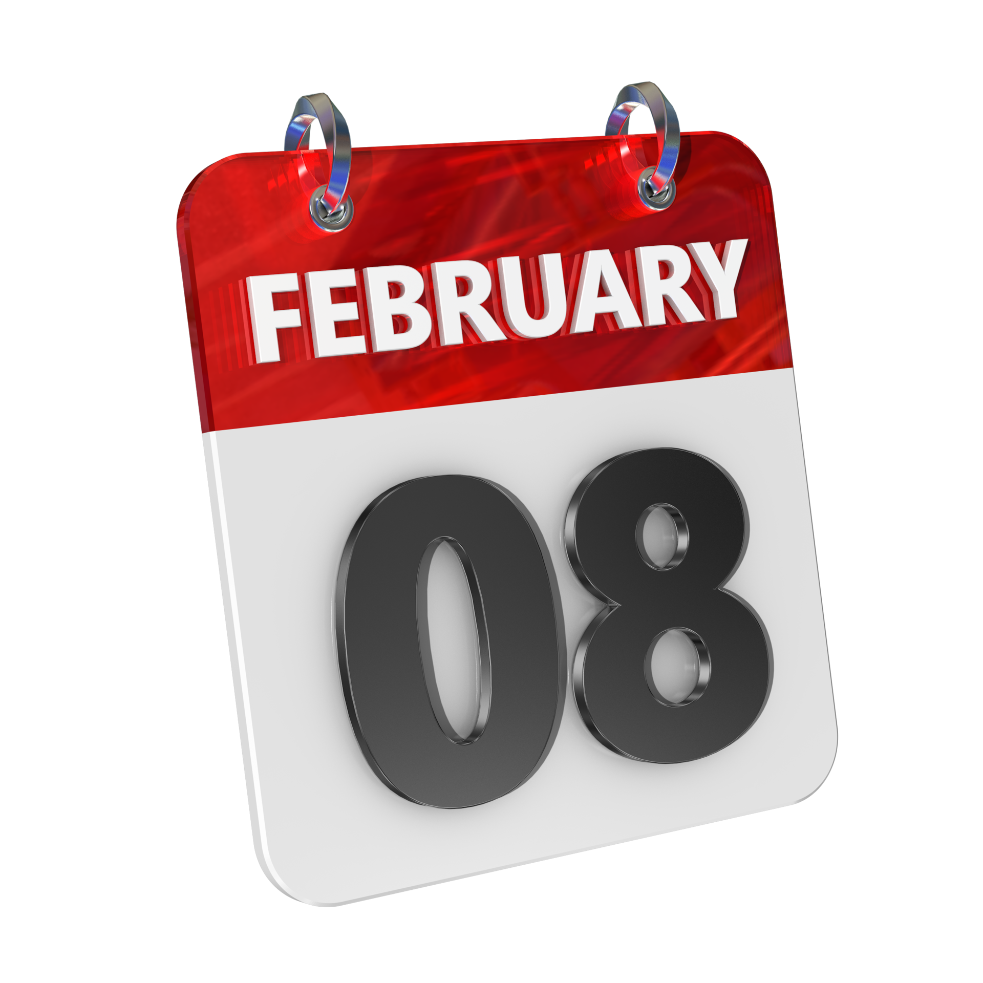February 8 Date 3D Icon Isolated, Shiny and Glossy 3D Rendering, Month
