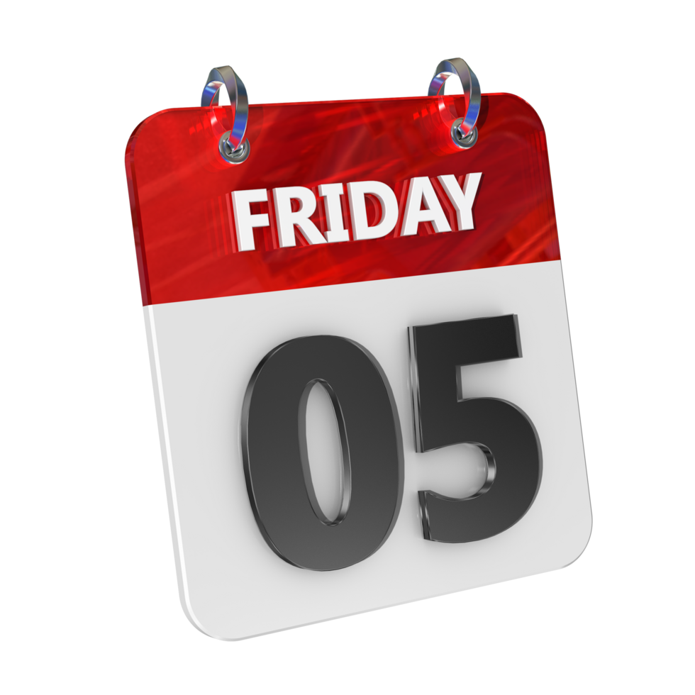 Friday 5 Date 3D Icon Isolated, Shiny and Glossy 3D Rendering, Month Date Day Name, Schedule, History png