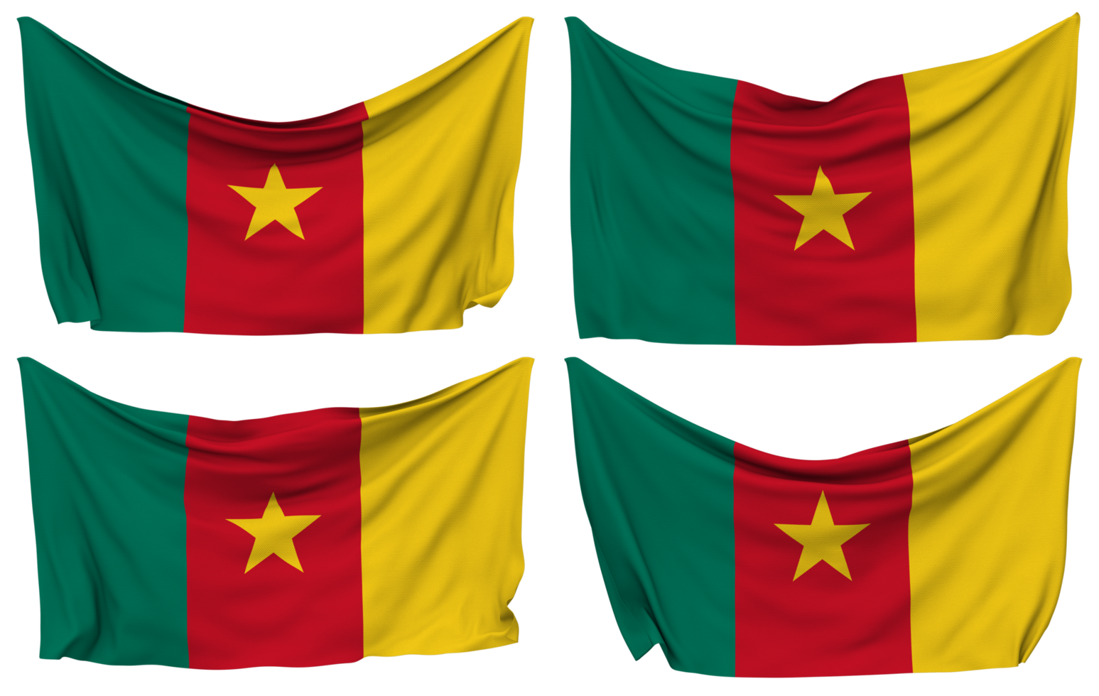 Cameroon Pinned Flag from Corners, Isolated with Different Waving Variations, 3D Rendering png