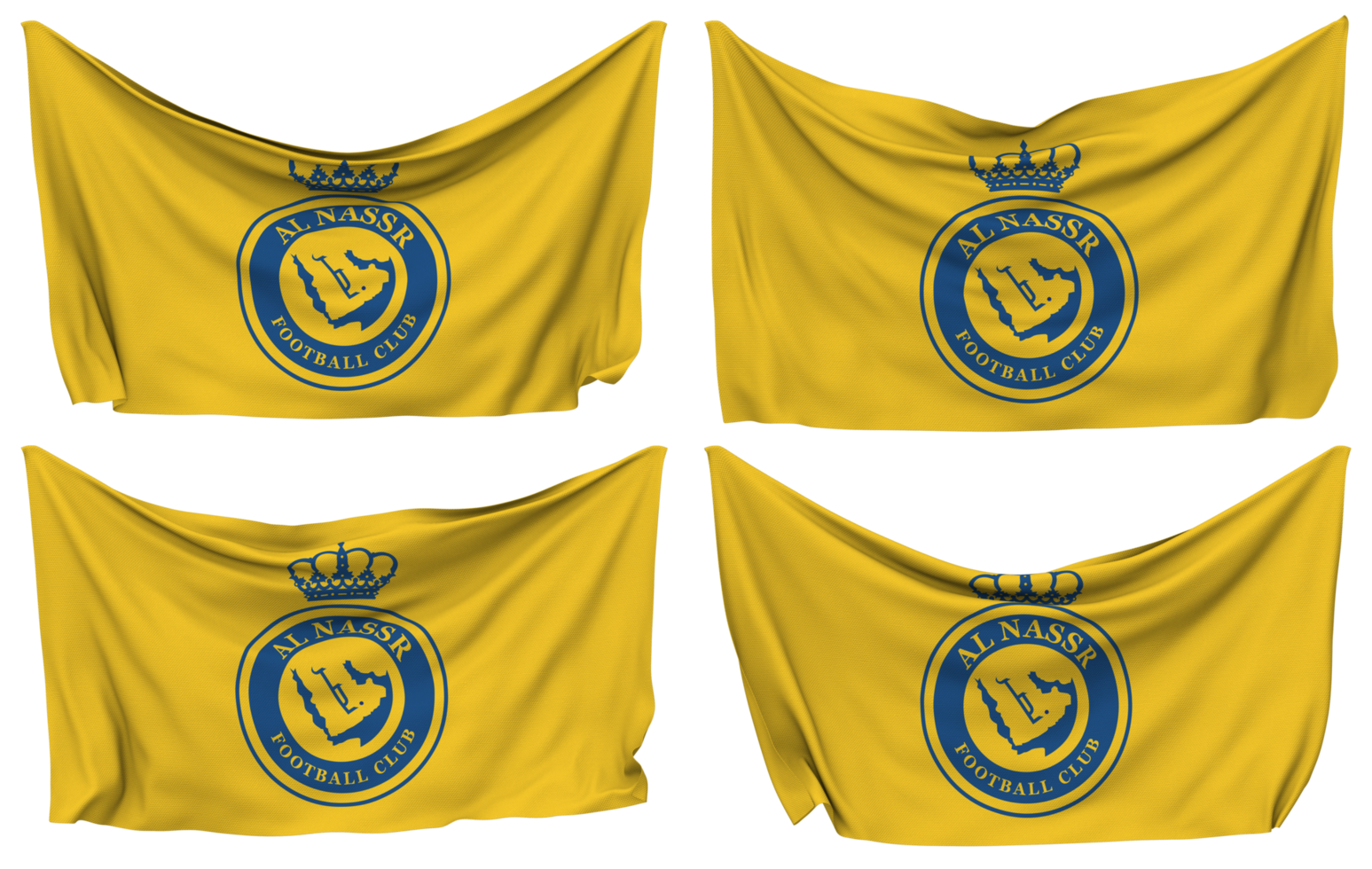 Al Nassr Football Club Pinned Flag from Corners, Isolated with Different Waving Variations, 3D Rendering png