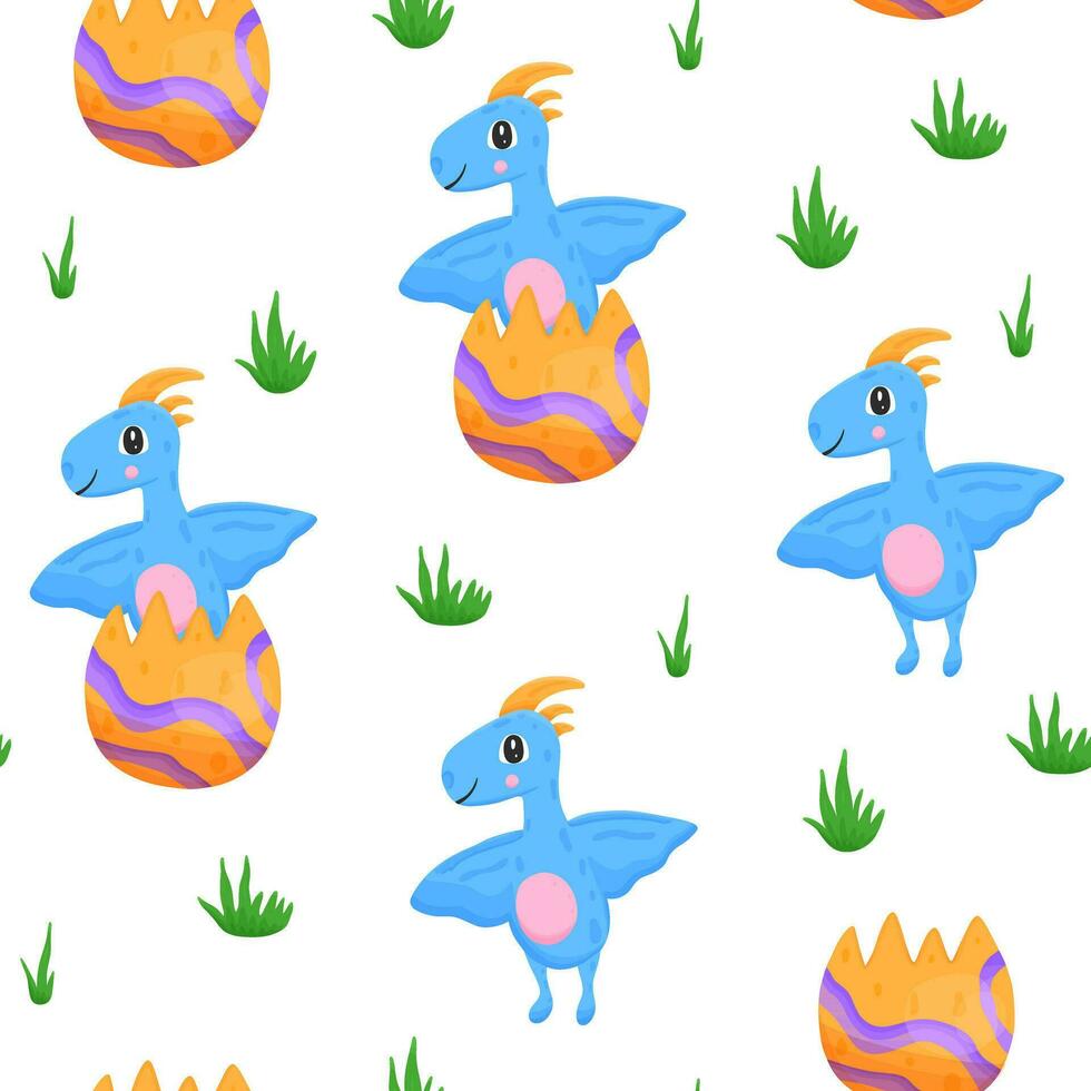 Kids seamless pattern with dino in egg vector