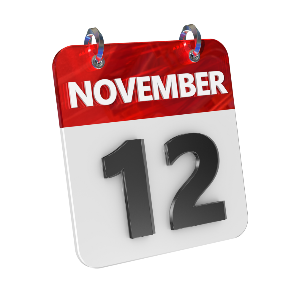 November 12 Date 3D Icon Isolated, Shiny and Glossy 3D Rendering, Month Date Day Name, Schedule, History png