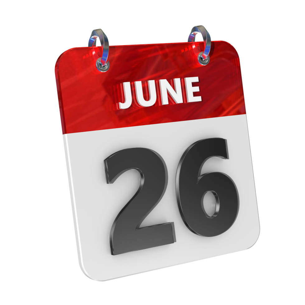 juni 26 datum 3d ikon isolerat, skinande och glansig 3d tolkning, månad datum dag namn, schema, historia png