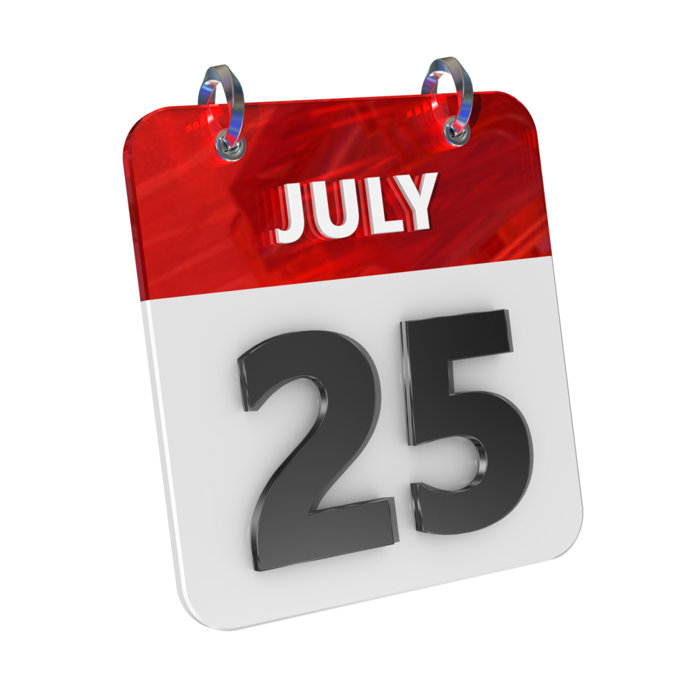 July 25 Date 3D Icon Isolated, Shiny and Glossy 3D Rendering, Month Date Day Name, Schedule, History png