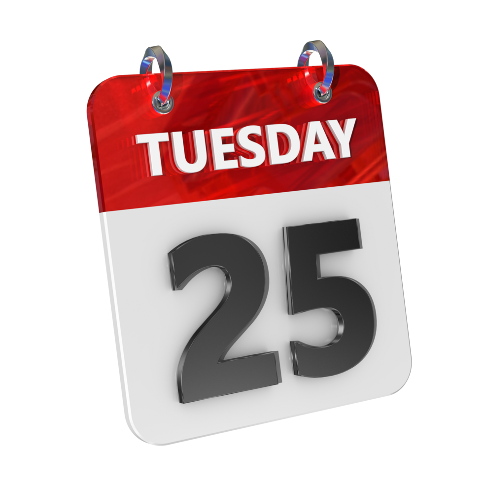 tisdag 25 datum 3d ikon isolerat, skinande och glansig 3d tolkning, månad datum dag namn, schema, historia png