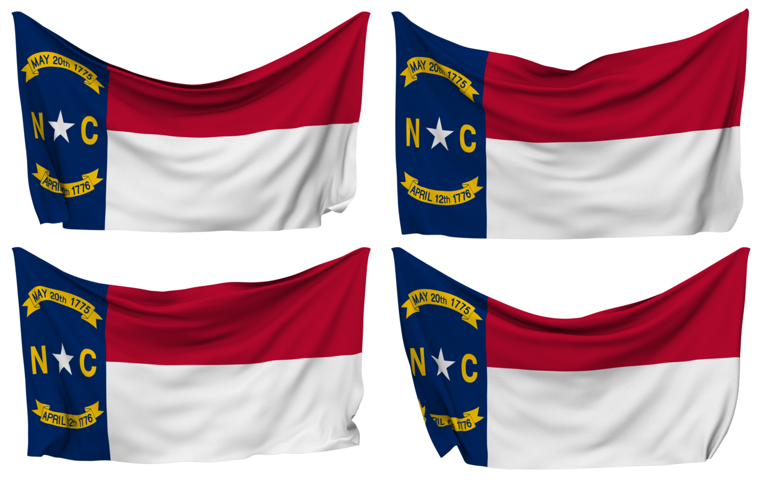 State of North Carolina Pinned Flag from Corners, Isolated with Different Waving Variations, 3D Rendering png