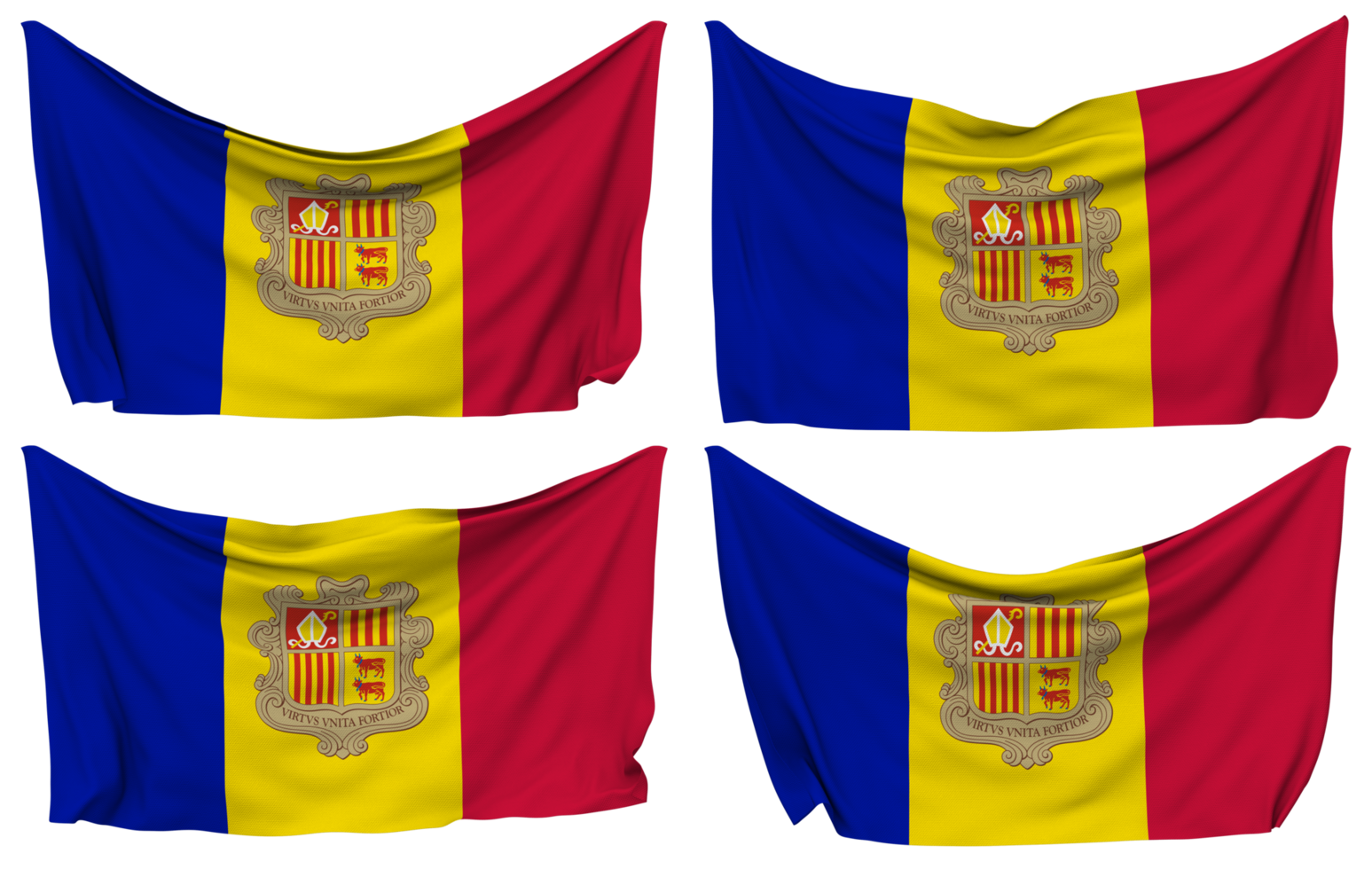 Andorra Pined Flag from Corners, Isolated with Different Waving Variations, 3D Rendering png