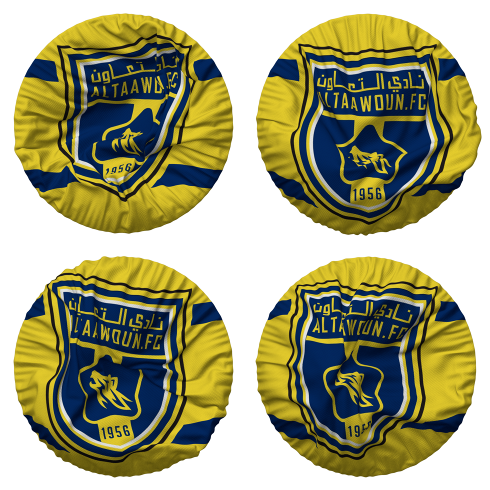 Al Taawoun Football Club Flag in Round Shape Isolated with Four Different Waving Style, Bump Texture, 3D Rendering png
