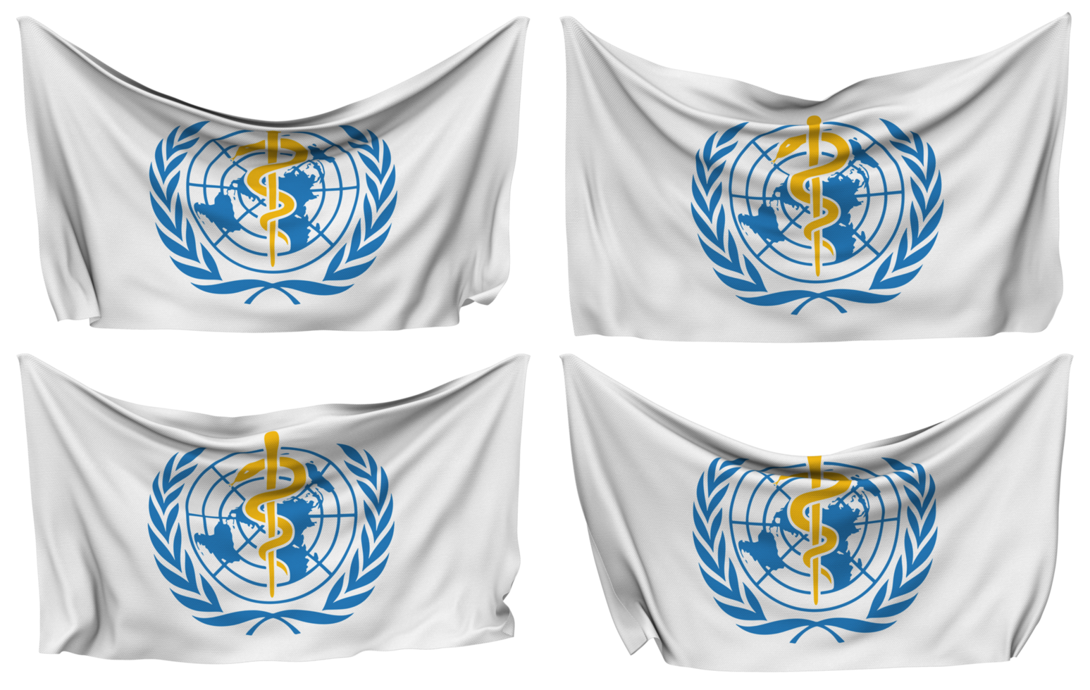 World Health Organization, WHO Pinned Flag from Corners, Isolated with Different Waving Variations, 3D Rendering png