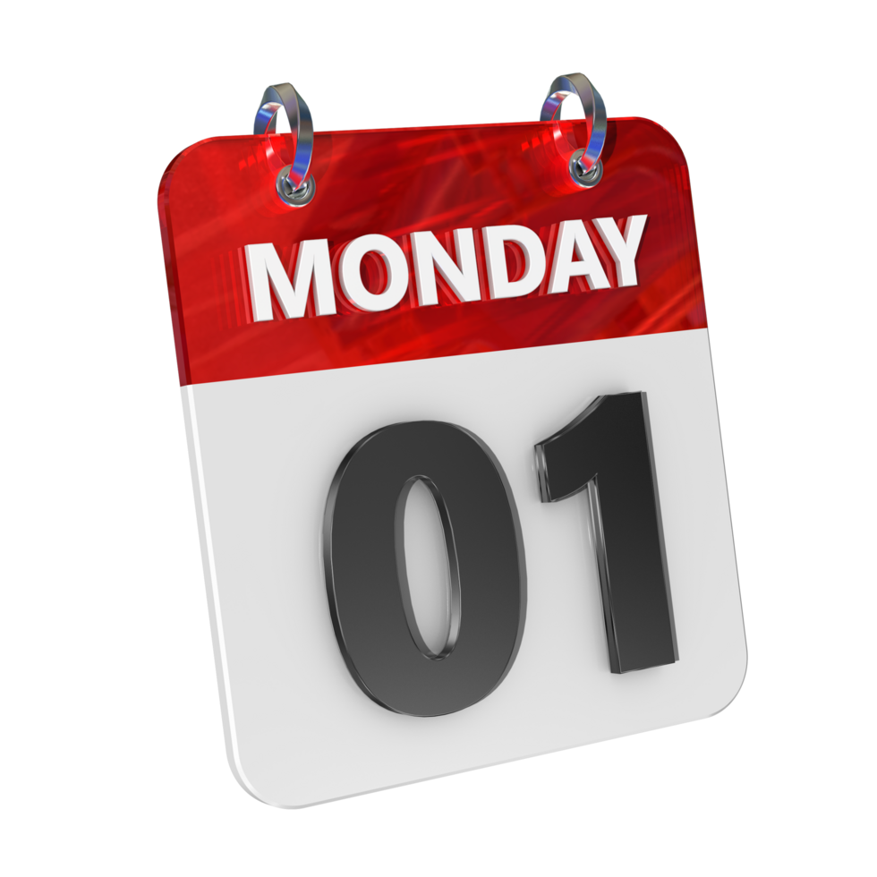 Monday 1 Date 3D Icon Isolated, Shiny and Glossy 3D Rendering, Month Date Day Name, Schedule, History png