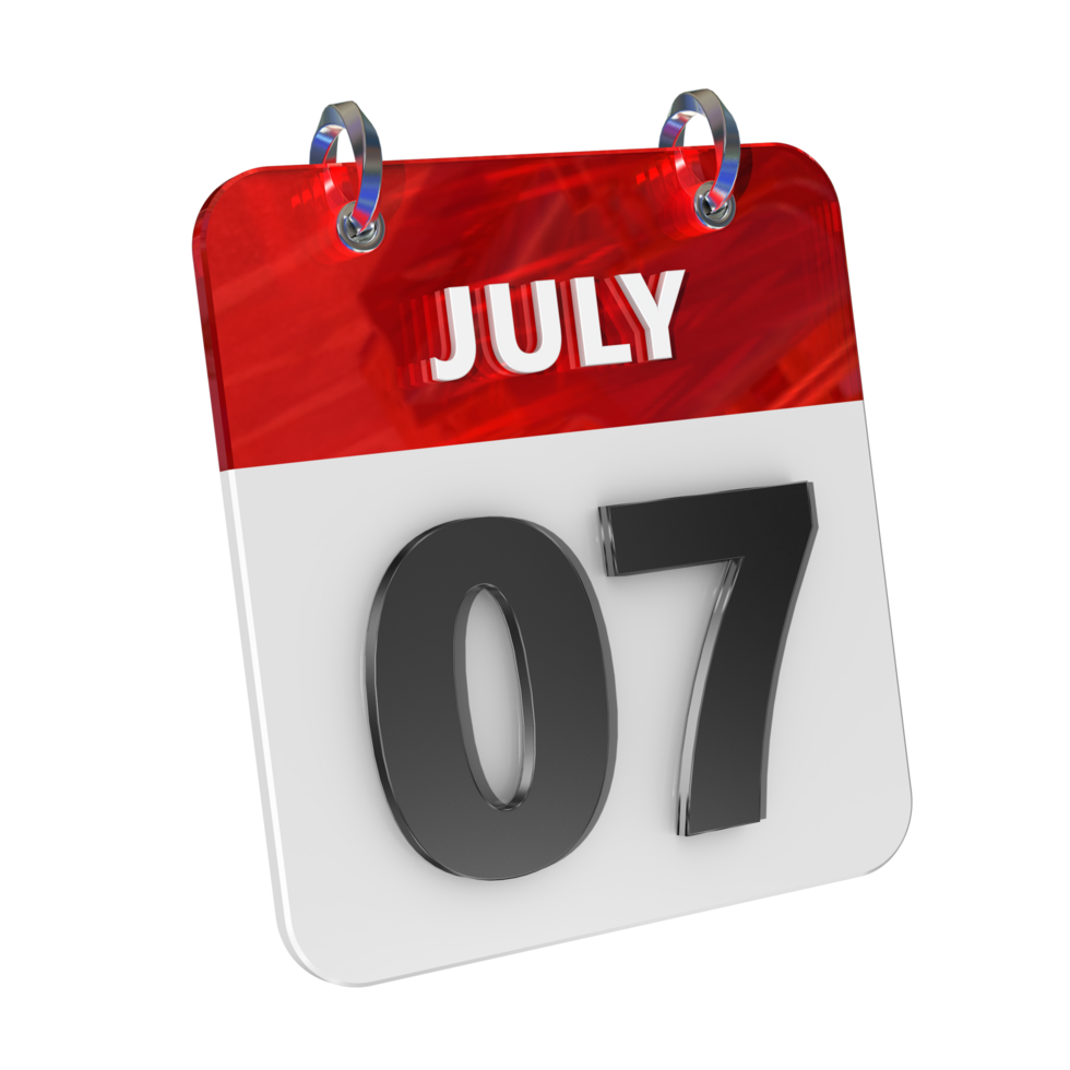 July 7 Date 3D Icon Isolated, Shiny and Glossy 3D Rendering, Month Date Day Name, Schedule, History png