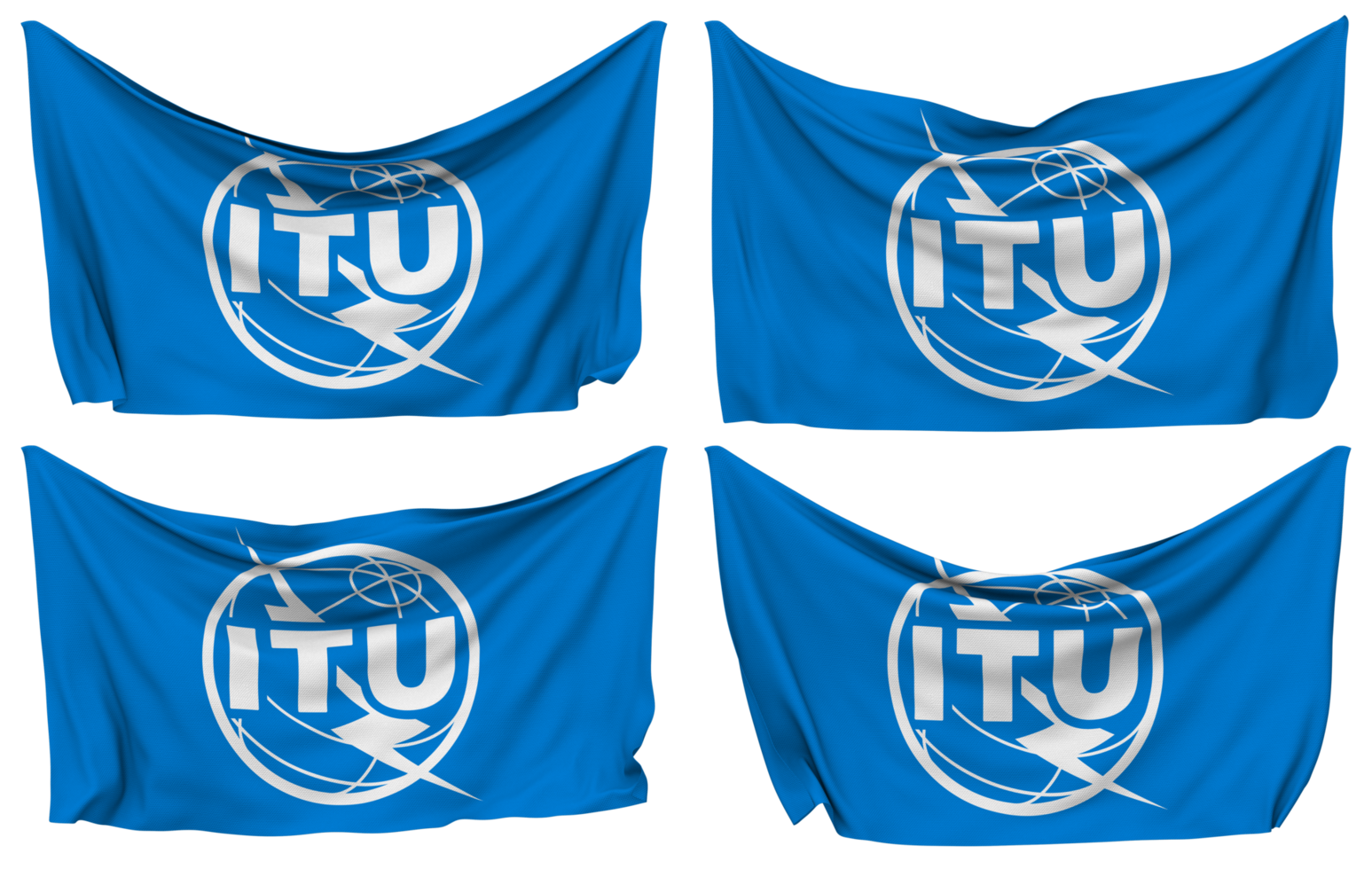 International Telekommunikation Union, es festgesteckt Flagge von Ecken, isoliert mit anders winken Variationen, 3d Rendern png