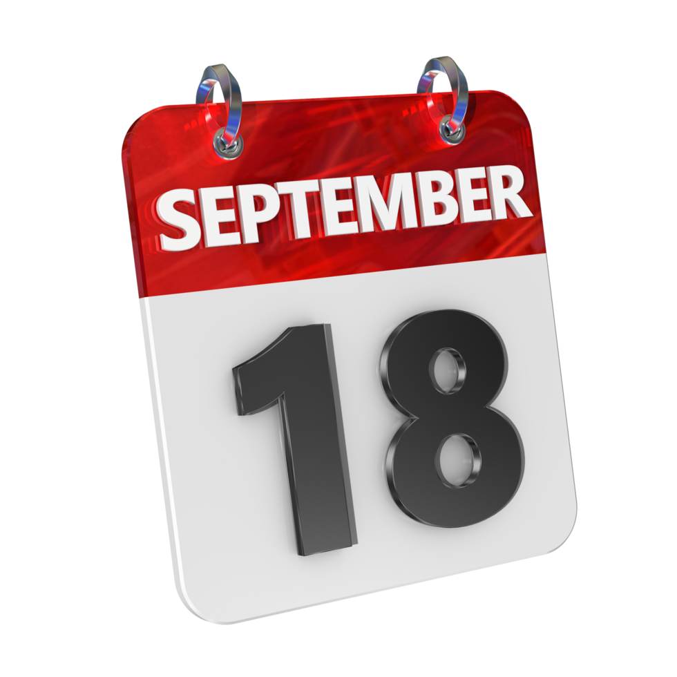 september 18 datum 3d ikon isolerat, skinande och glansig 3d tolkning, månad datum dag namn, schema, historia png