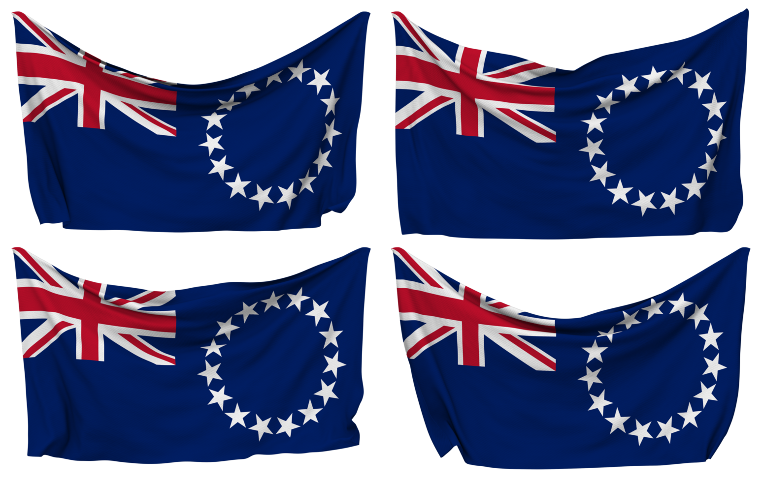 Cook Islands Pinned Flag from Corners, Isolated with Different Waving Variations, 3D Rendering png