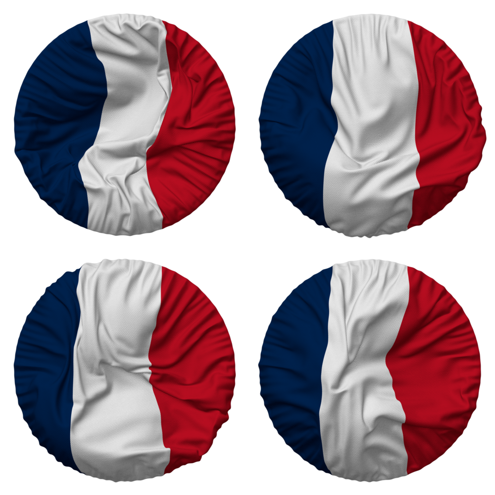 França bandeira dentro volta forma isolado com quatro diferente acenando estilo, colisão textura, 3d Renderização png