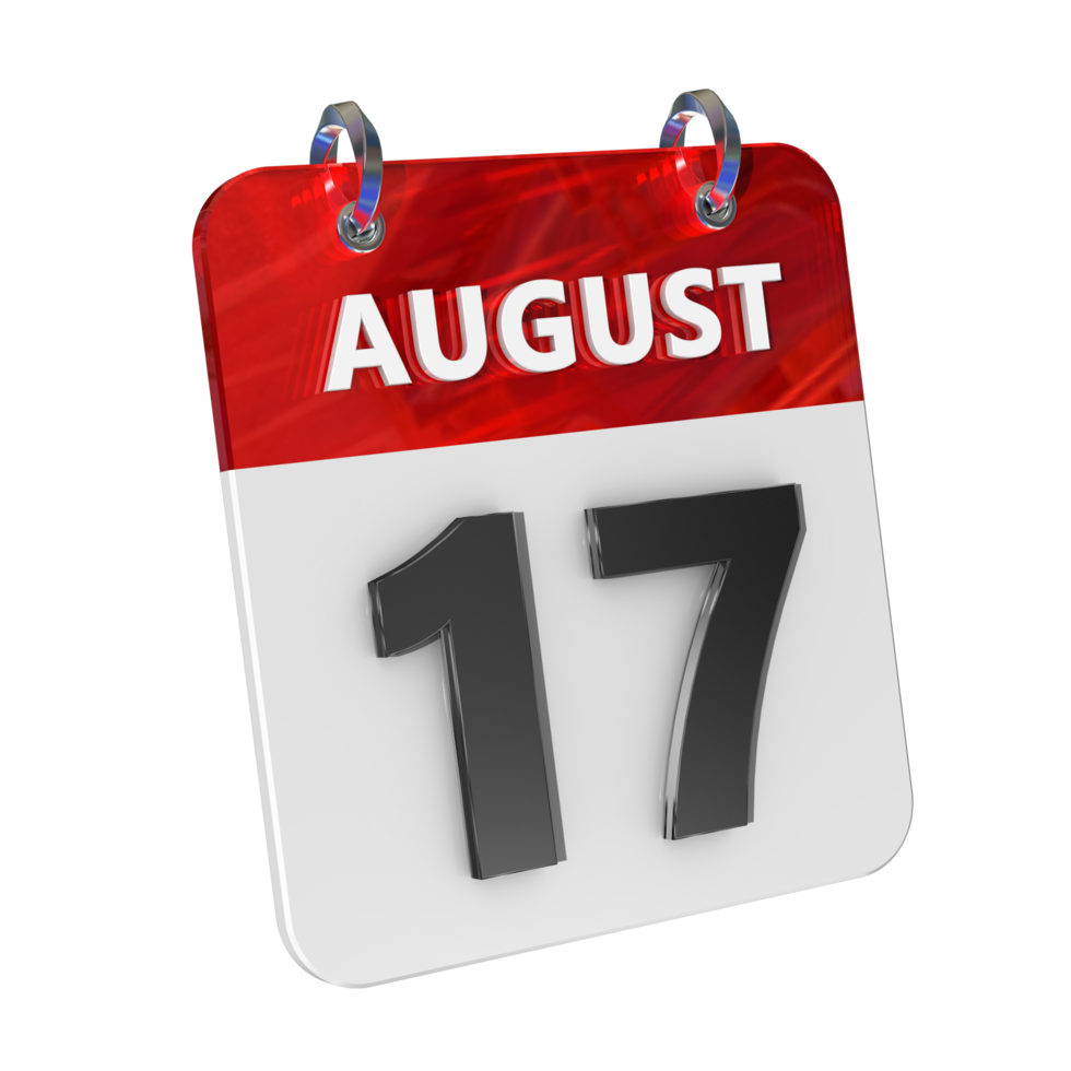 August 17 Date 3D Icon Isolated, Shiny and Glossy 3D Rendering, Month Date Day Name, Schedule, History png