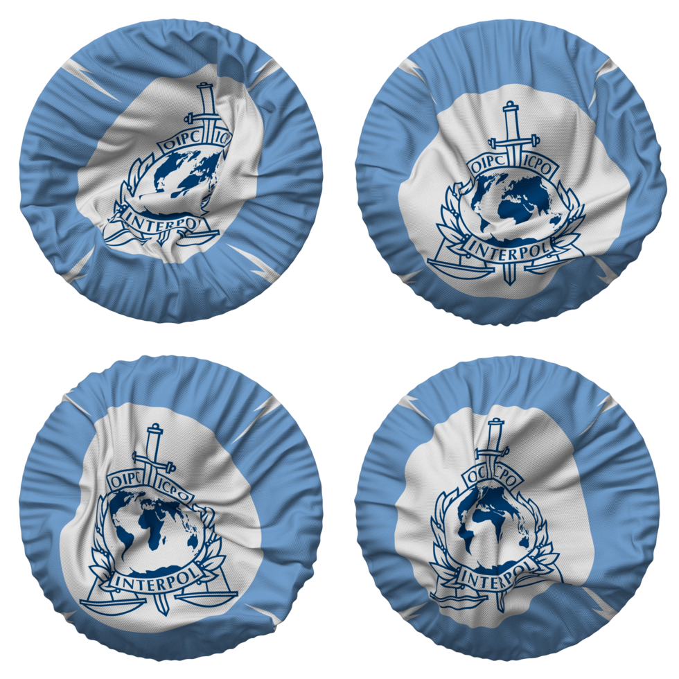 International Criminal Police Organization, ICPO, INTERPOL Flag in Round Shape Isolated with Four Different Waving Style, Bump Texture, 3D Rendering png